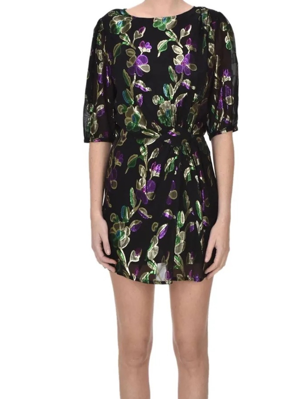 ba&sh Anjy Black Mini Dress in Metallic Purple, Green & Gold Floral Print